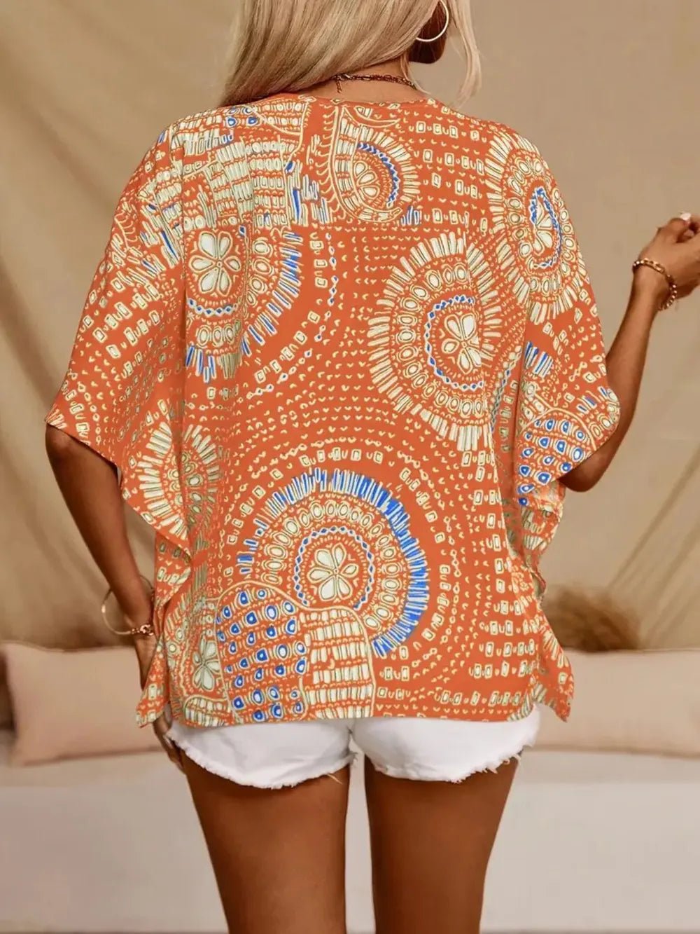 Printed V - Neck Half Sleeve Top - Kenner House Emporium