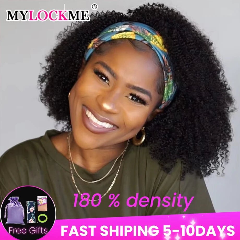 Headband Wig Human Hair Kinky Curly MYLOCKME No Glue Full Machine Made Brazilian Remy Human Hair Wigs For Women 180% Density - Kenner House Emporium