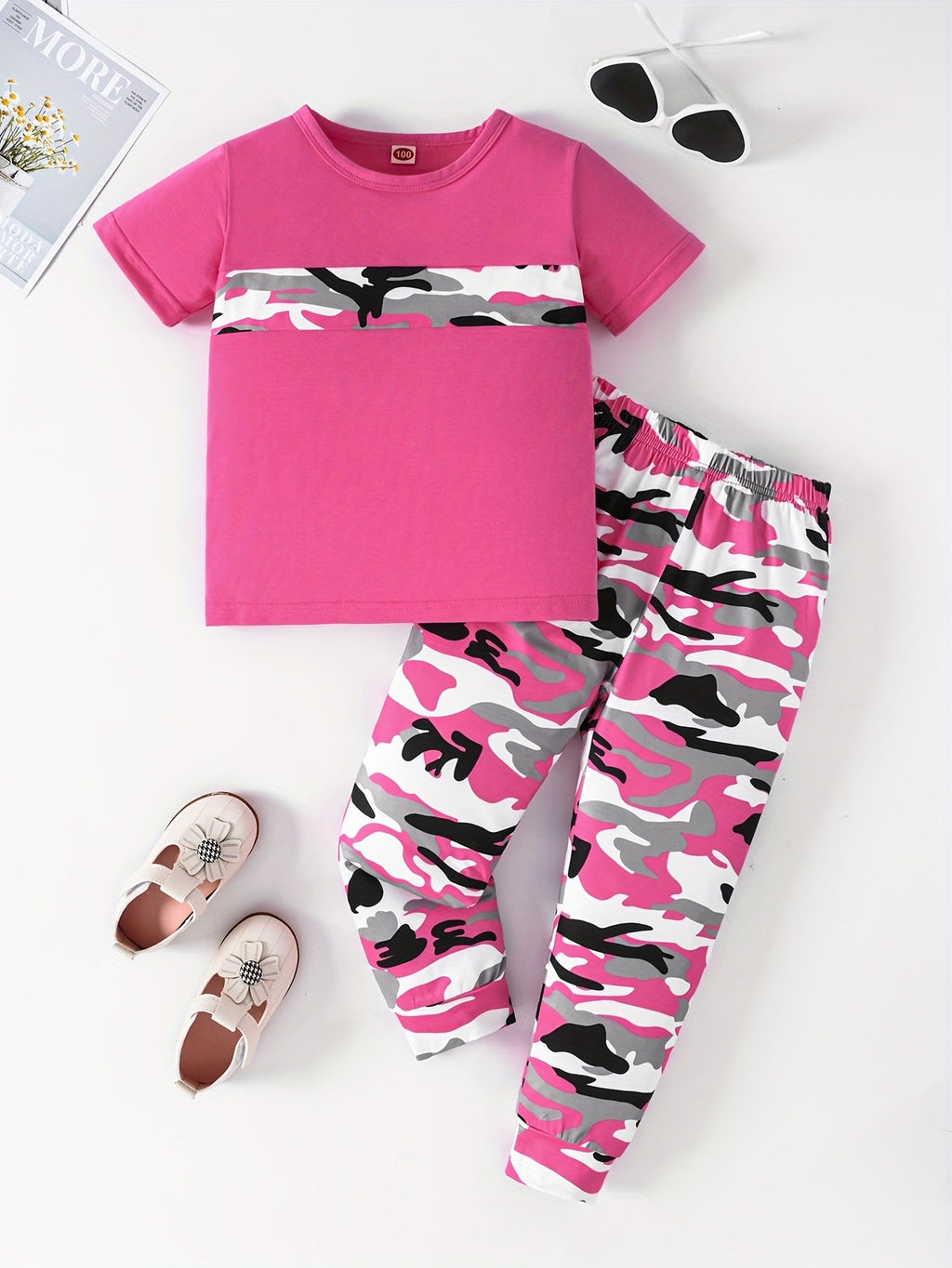 2pcs Girls' Camo Pattern Outfits Set - Casual Short Sleeve T-shirt + Pants, Machine Washable Polyester with Slight Stretch - Spring/Summer/Fall Essentials | Color Block Design | Random Printing - Kenner House Emporium