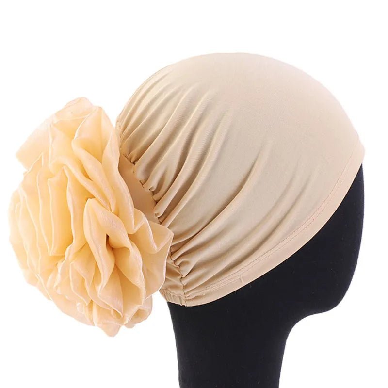 Women's Chiffon Headscarf With Flower Decoration,Monochromatic Elastic Breathable Head Wrap Suitable For Spring,Summer,Autumn - Kenner House Emporium