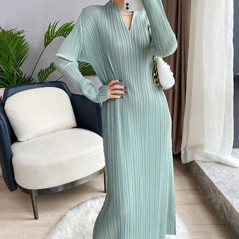 Pleated Dress Women's Long Sleeve Spring and Autumn 2023 New V - Neck Bottom Skirt Slim Fit Long Dress - Kenner House Emporium