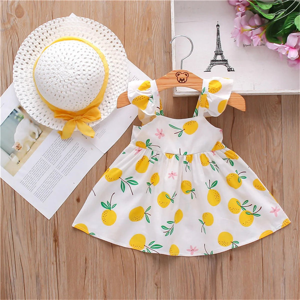 2Pcs/SetSummer girls dress children's clothing new small suspender bow orange print vest skirt with hat as a gift - Kenner House Emporium
