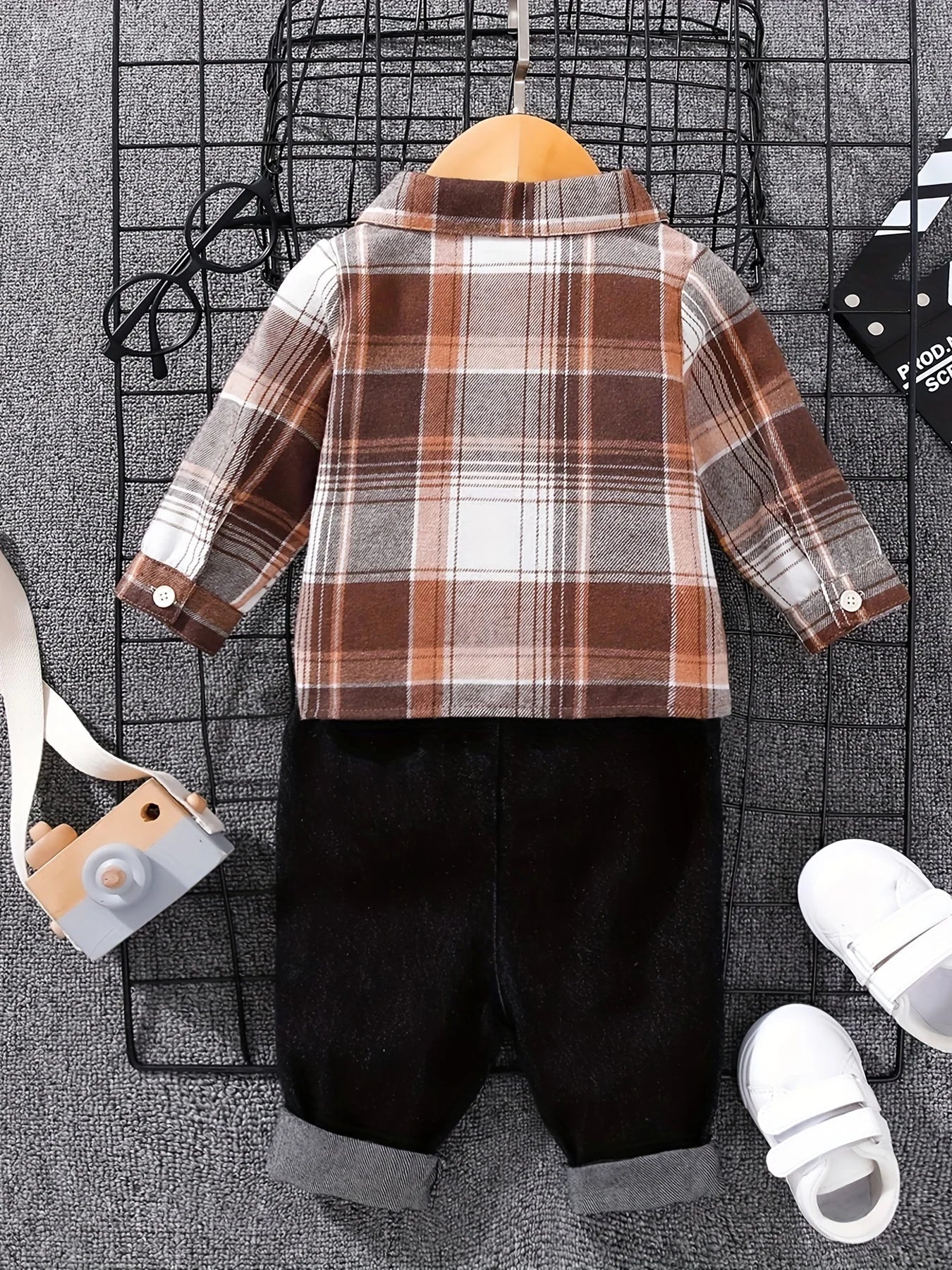 Boys' Spring Autumn Tartan Polo Shirt + - denim Long Trousers Two - piece Casual Outfit Boys Tweed Check Shirt - Kenner House Emporium