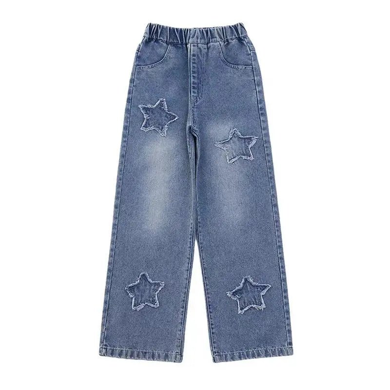 Teen Girls Wide Leg Cargo Jeans Spring Autumn Fashion Kids Casual Denim Pants School Young Kids Straight Baggy Trousers 3 - 12Y - Kenner House Emporium