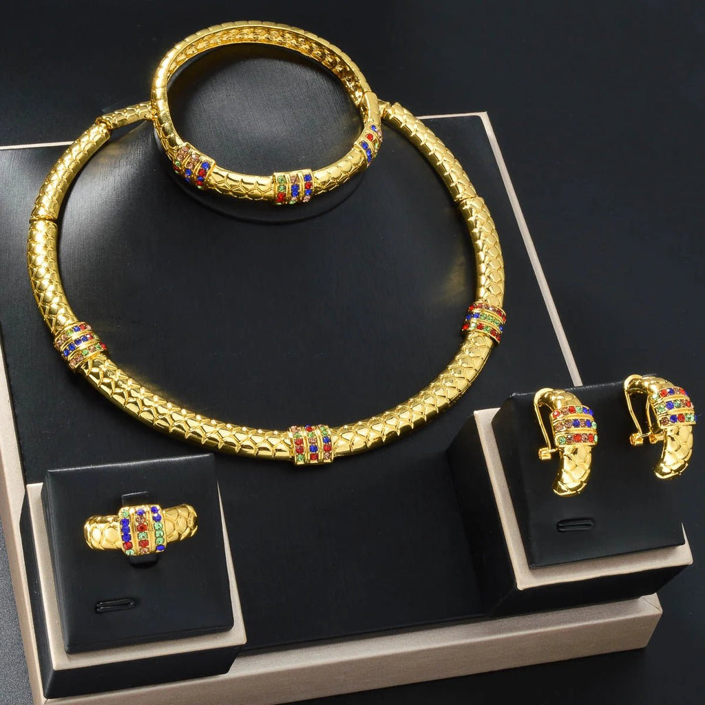 Luxury 18k Gold - Plated Women's Jewelry 4 - Piece Round Necklace Bracelet Earrings Ring Gold Classic Dubai Wedding Gift - Kenner House Emporium