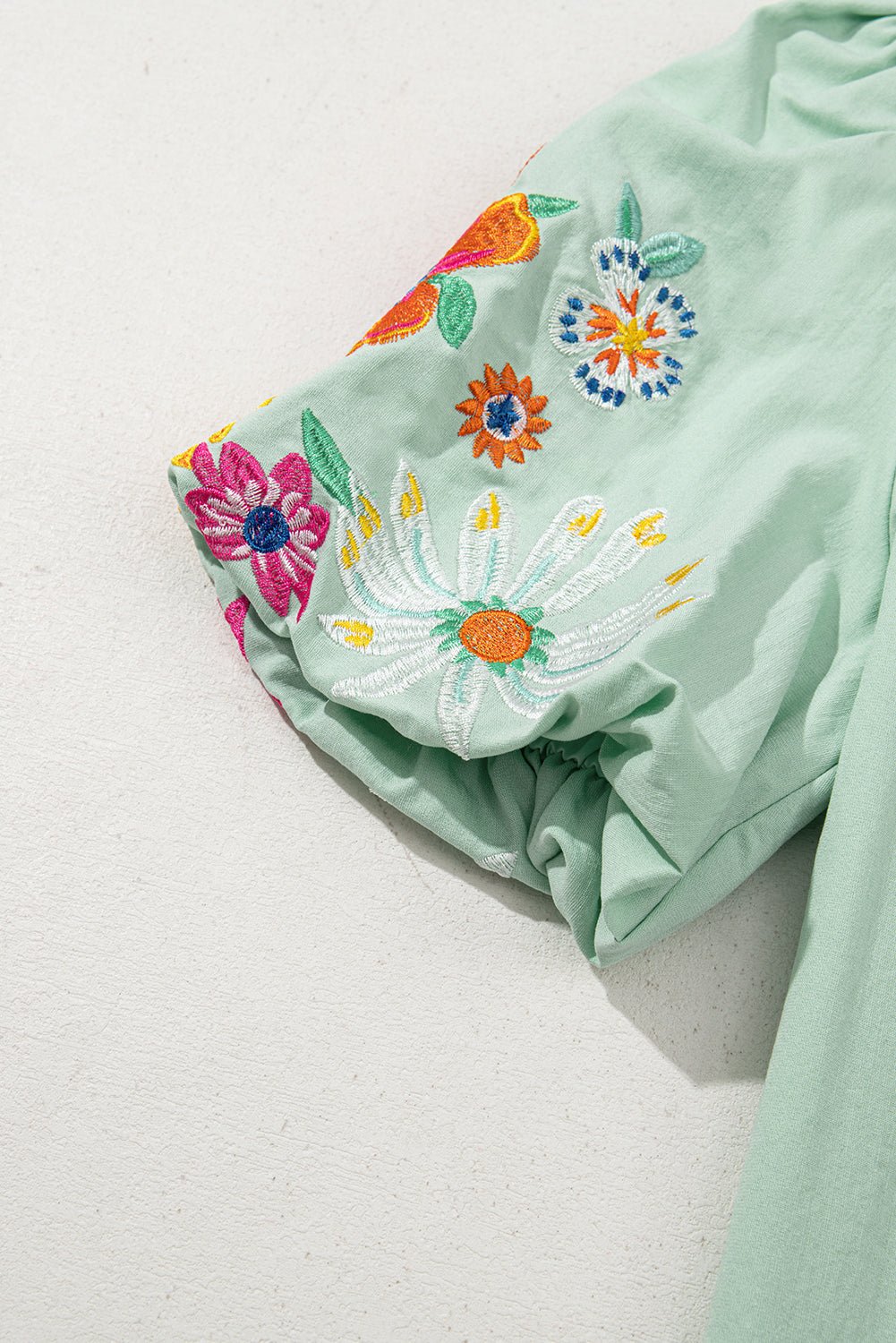 Clearly Aqua Floral Embroidered Puff Sleeve Split Neck Blouse - Kenner House Emporium