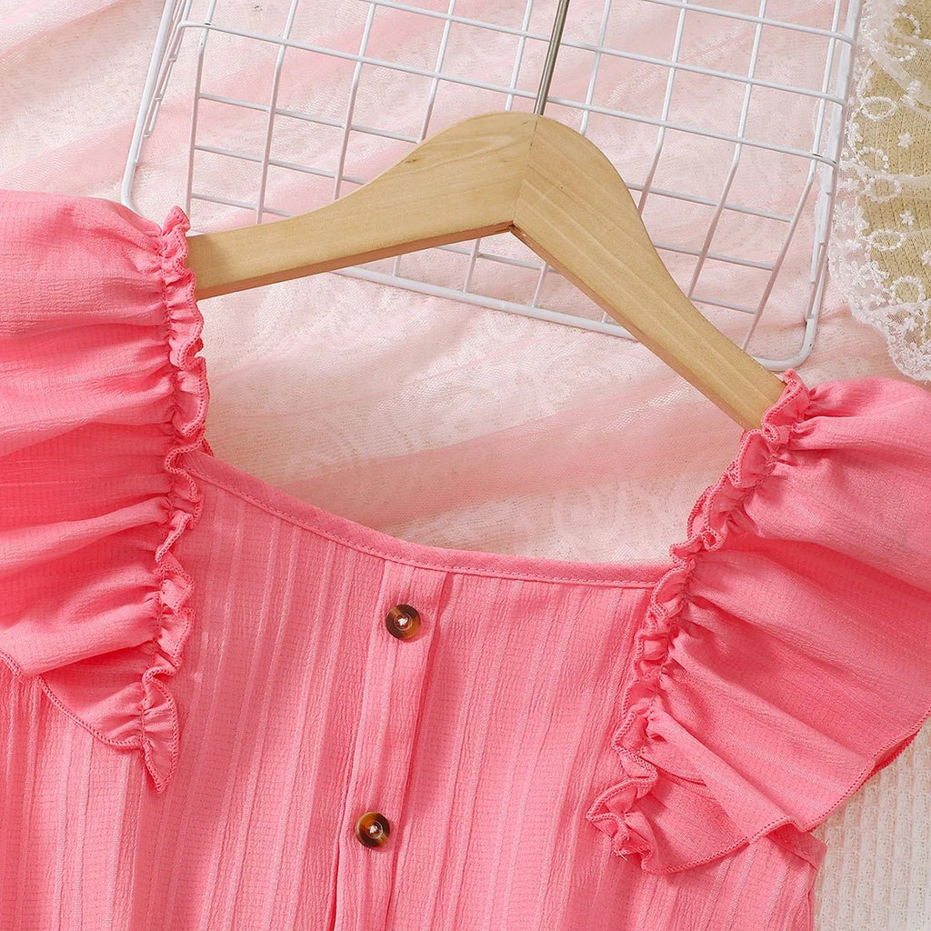 Kid Girls Summer Princess Clothing Set Flutter Sleeve Plain Color Tops+Short Skirt Sweet Style Party Wear For Child 8 - 12 Years - Kenner House Emporium