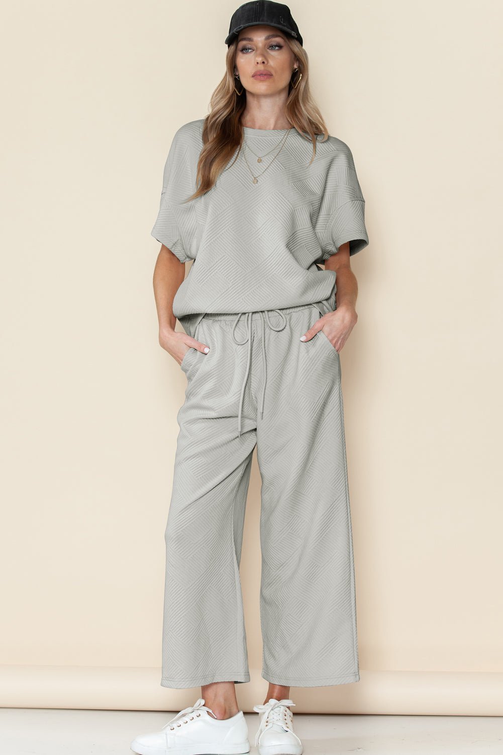 Gray Textured Loose Fit T Shirt & Drawstring Pants Set - Kenner House Emporium