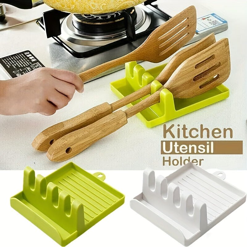 1pc White/Green Kitchen Utensil Holder with 4 Slots, Multi - Functional Stove Utensil Organizer, Smooth Plastic Easy - to - Clean Design with Hanging Hole for Drying, Raised Edge Anti - Spill Design, Suitable for Spatulas, Ladles, Ch - Kenner House Emporium