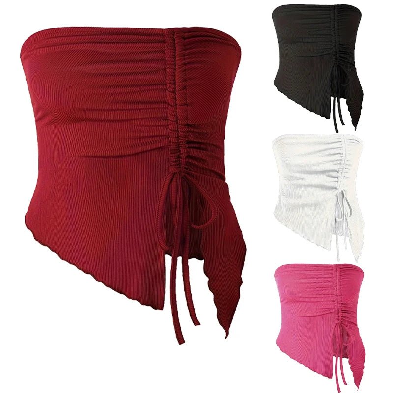Spring Summer Y2K Women's Strapless Sleeveless Tube Top Mesh Ruched Side Asymmetrical Lace up Bandeau Cami Tank Tops Streetwear - Kenner House Emporium