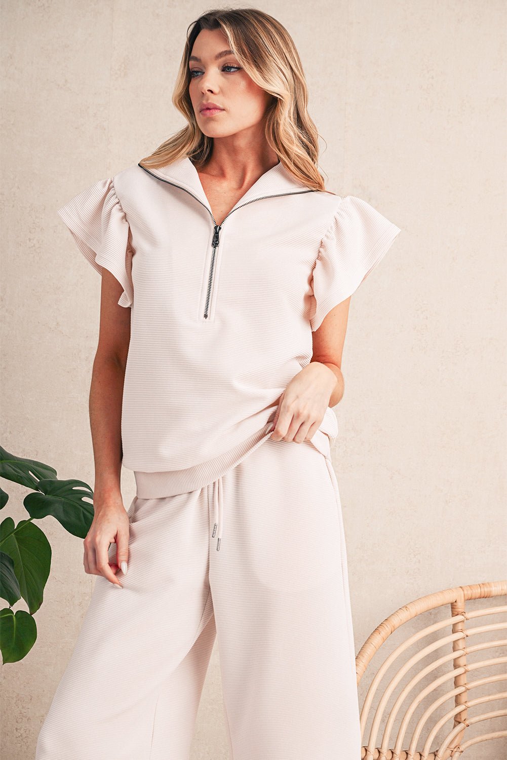 Apricot Textured Ruffle Sleeve Zipped Top and Wide Leg Pants Set - Kenner House Emporium
