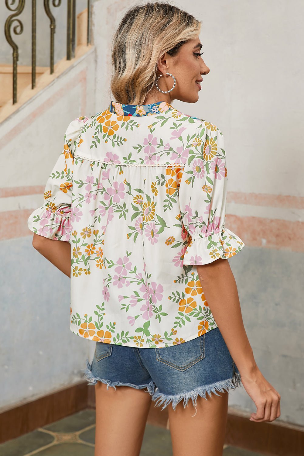 Multicolour Half Sleeve Boho Floral Pop of Color Neckline Blouse - Kenner House Emporium