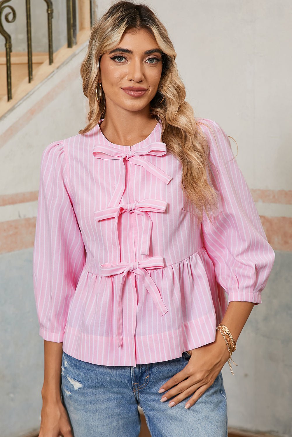 Pink Striped Print Sweet Bow Tie Blouse - Kenner House Emporium
