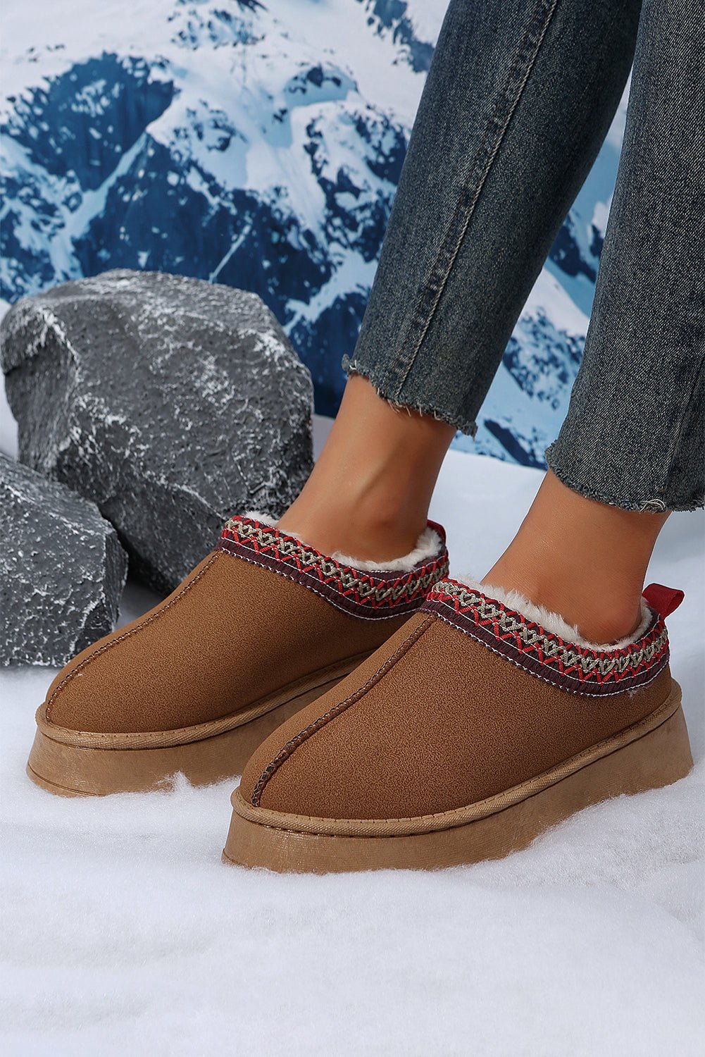 Chestnut Suede Contrast Print Round Toe Plush Lined Flats - Kenner House Emporium