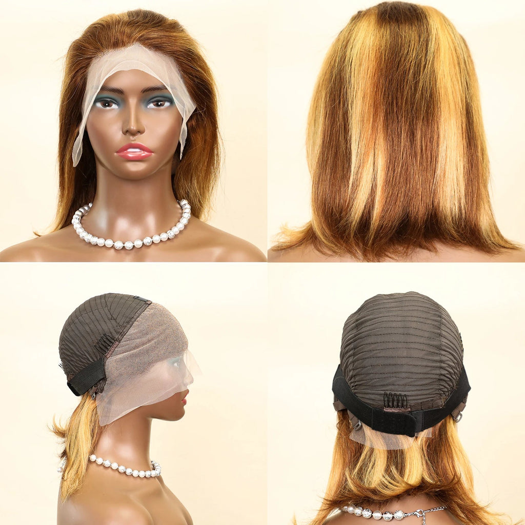 100% Human Hair Wigs 13x4 Lace Human Hair Lace Frontal Wig Ready Wear Bob Wigs 220Density For Black Women 4/27 Color Gold - Kenner House Emporium