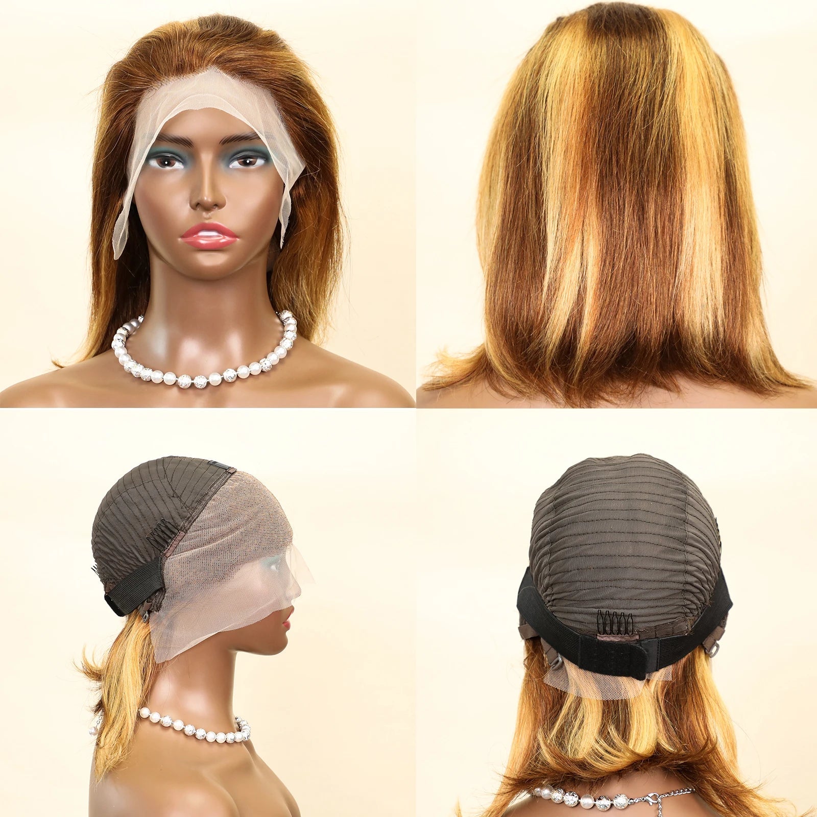 100% Human Hair Wigs 13x4 Lace Human Hair Lace Frontal Wig Ready Wear Bob Wigs 220Density For Black Women 4/27 Color Gold - Kenner House Emporium