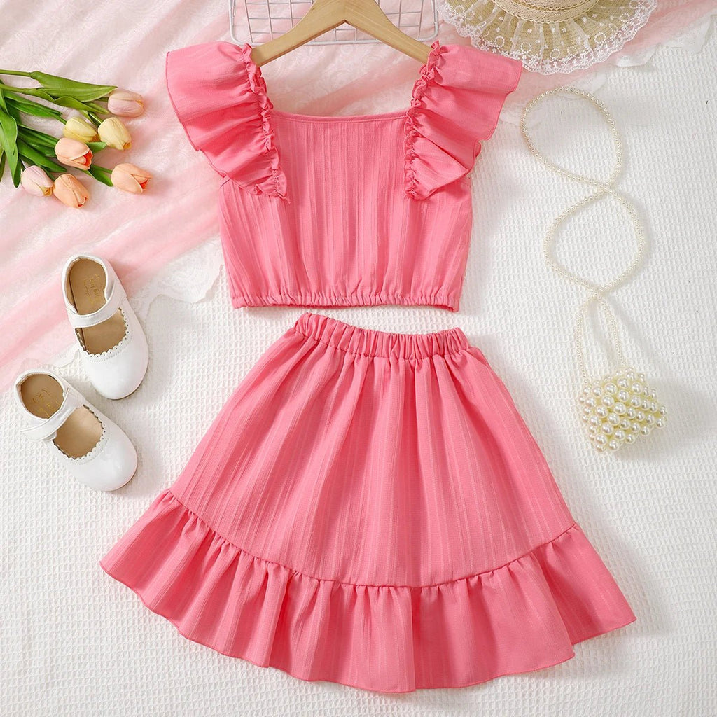 Kid Girls Summer Princess Clothing Set Flutter Sleeve Plain Color Tops+Short Skirt Sweet Style Party Wear For Child 8 - 12 Years - Kenner House Emporium