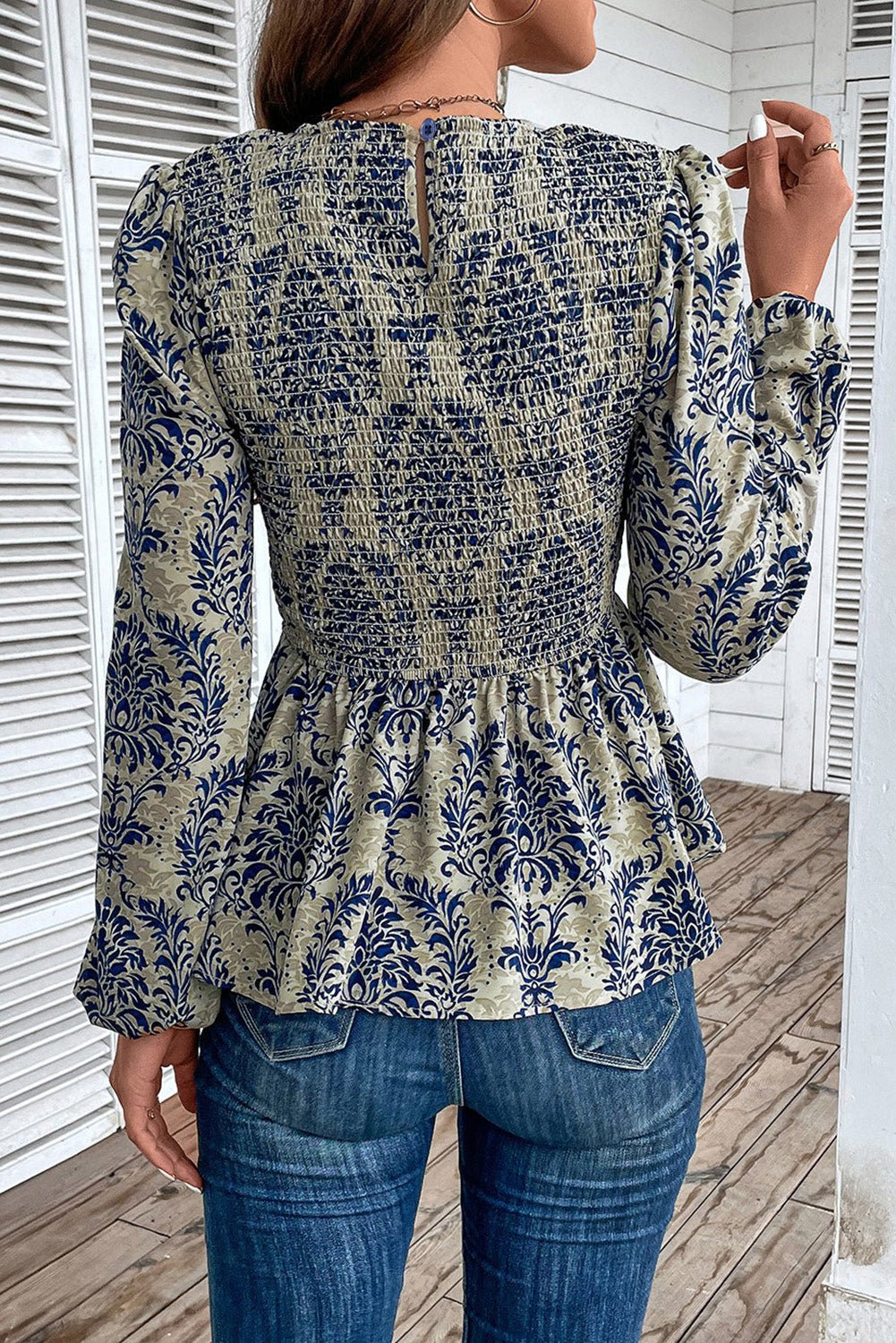 Sky Blue Ethnic Print Balloon Sleeve Smocked Peplum Blouse - Kenner House Emporium