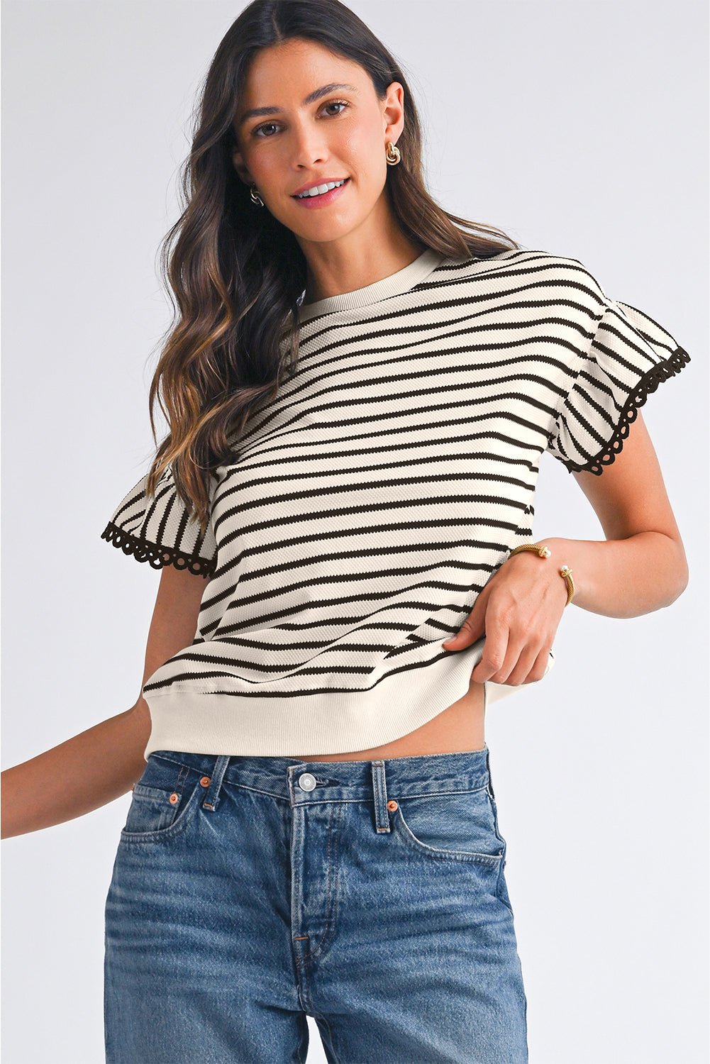 Black Stripe Scallop Lace Trim Ruffle Sleeves Crewneck Top - Kenner House Emporium