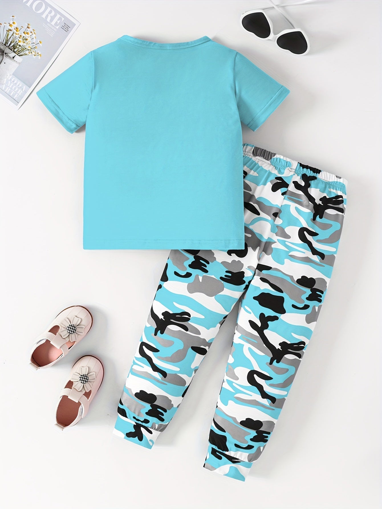 2pcs Girls' Camo Pattern Outfits Set - Casual Short Sleeve T-shirt + Pants, Machine Washable Polyester with Slight Stretch - Spring/Summer/Fall Essentials | Color Block Design | Random Printing - Kenner House Emporium
