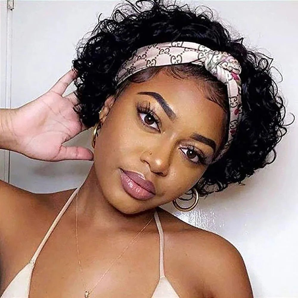 Headband Wig Human Hair Curly Hair Wig Short Hair Wigs for Women Pixie Cut machine made Human Hair Wig Black Wig African Style - Kenner House Emporium
