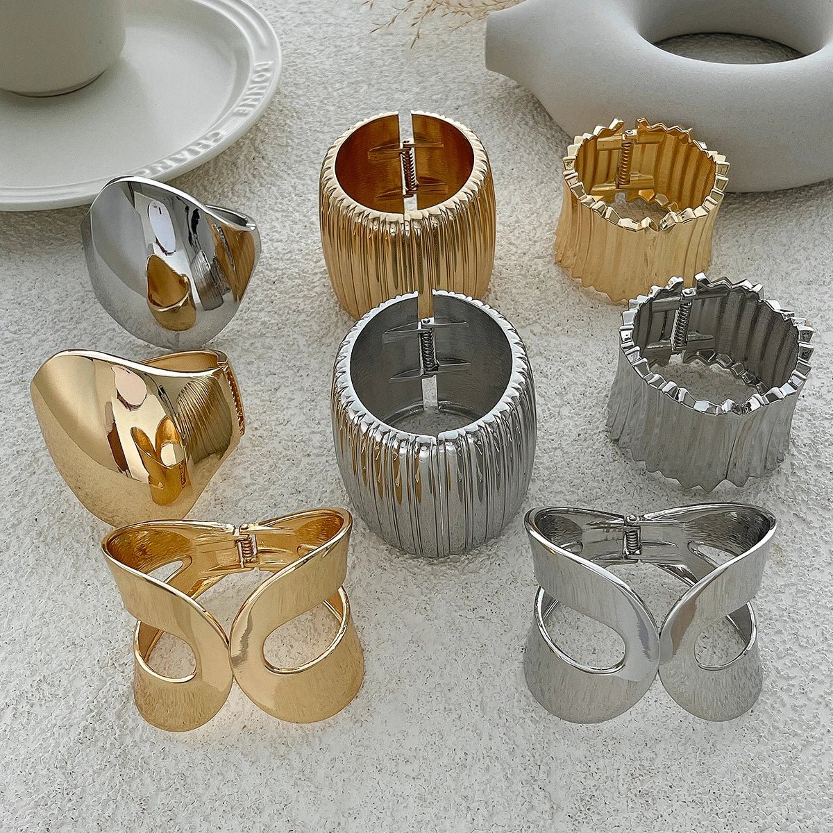 Ingemark 4 Styles Exaggerated Punk Smooth Big Chunky Open Cuff Bangles for Women Gold Color Spring Bracelets Men Hand Jewelry - Kenner House Emporium