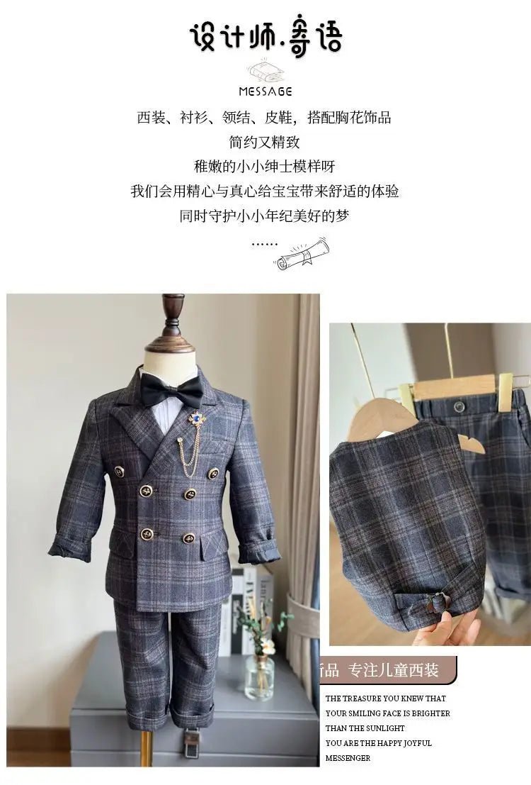 Child Spring Autumn Plaid Luxury Suit Set Boys Birthday Performance Photo Wedding Party Costume Kids Tuxedo Vest Pants Clothes - Kenner House Emporium