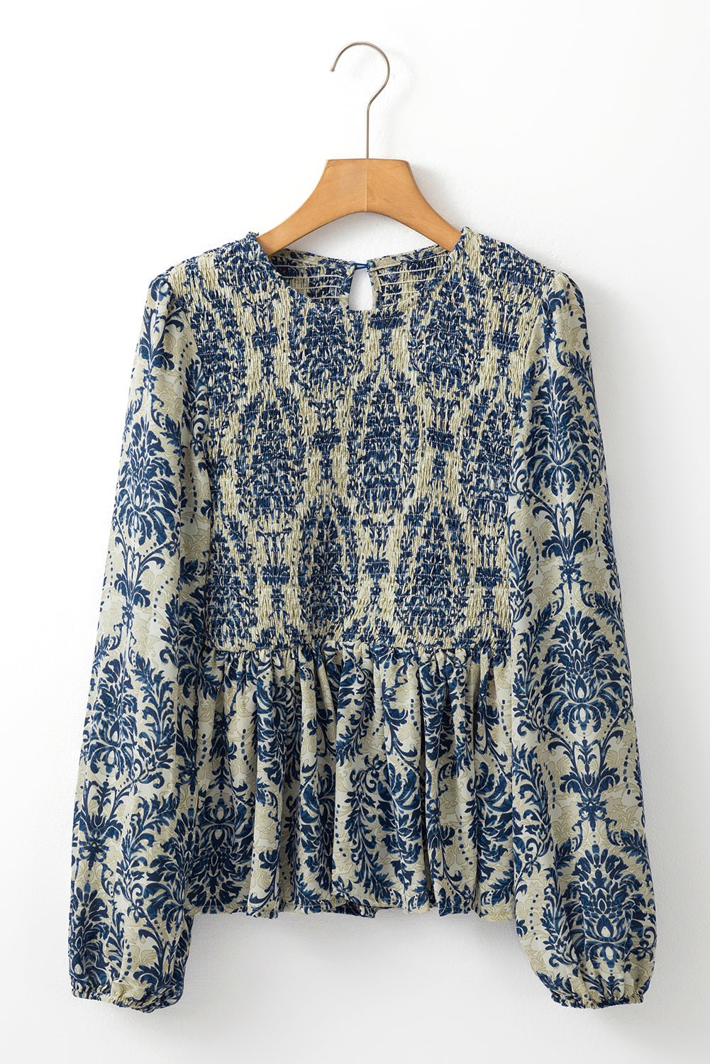 Sky Blue Ethnic Print Balloon Sleeve Smocked Peplum Blouse - Kenner House Emporium