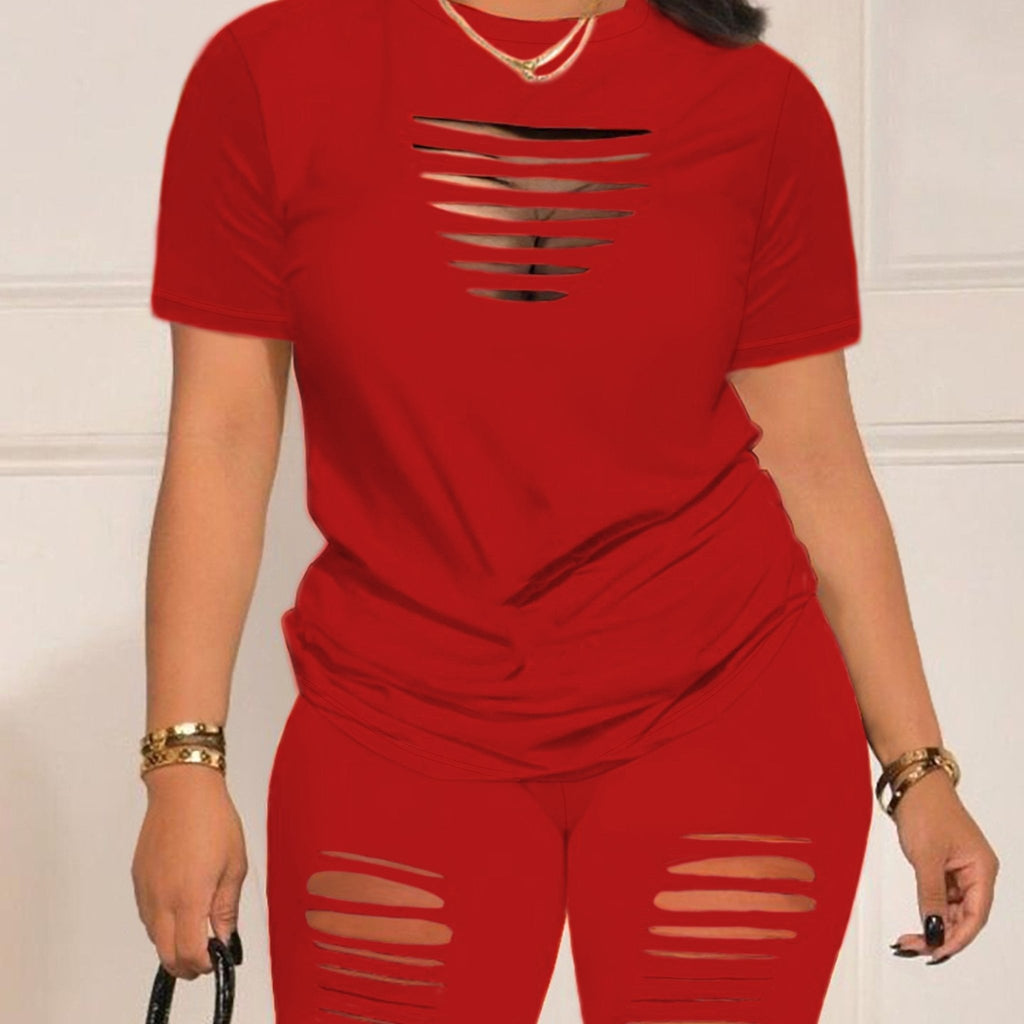 Summer Shorts Set - Pantsuits for Women, Crew Neck Short Sleeve Top & Shorts Outfits, Ripped Casual Clothing for Spring and Summer, Comfortable and Stylish Women's Clothing - Kenner House Emporium