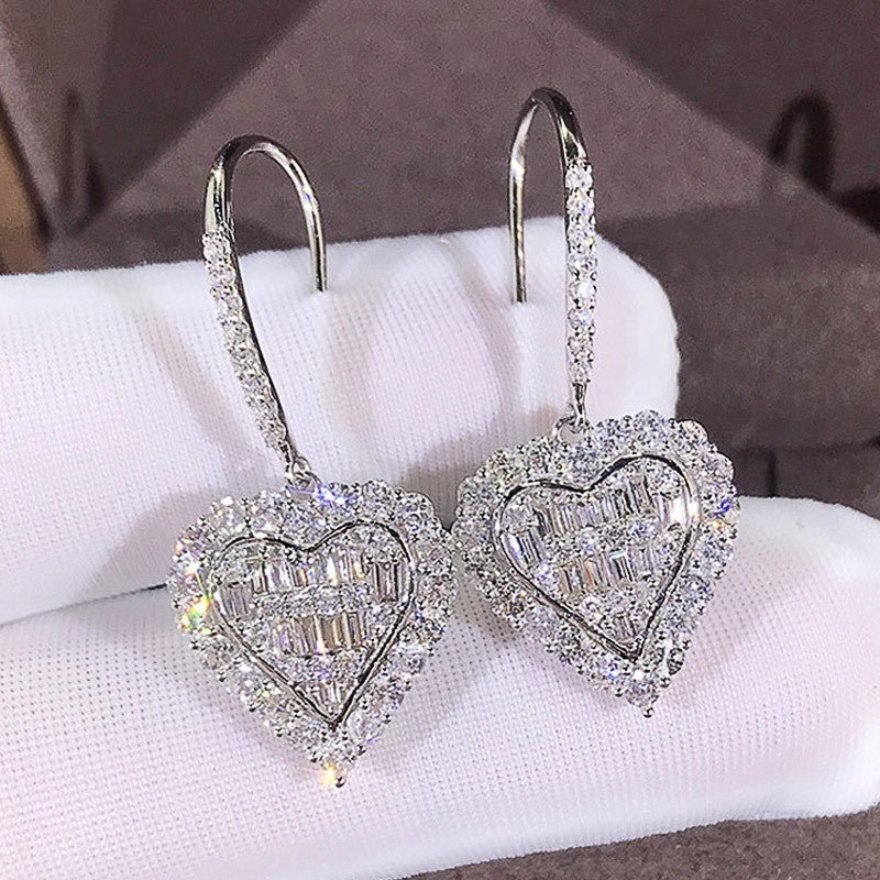 [Luxury Earrings] Luxury Copper Plated Heart Shaped Dangle Earrings | Elegant White K READKISS Synthetic Zirconia, for Women, Wedding, Princess, Bridal, Anniversary, Valentine's Day Gift - Kenner House Emporium