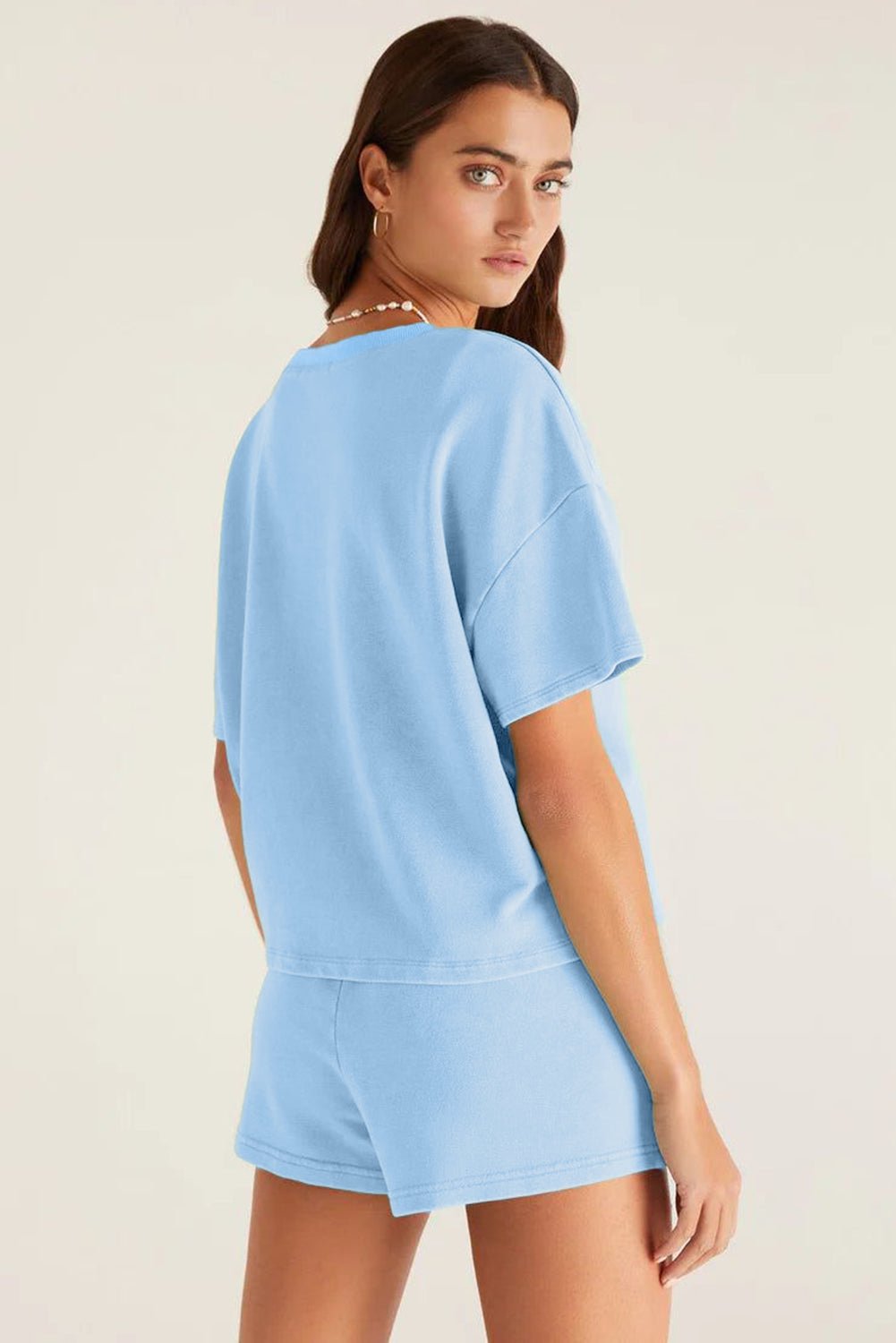 Myosotis V Neck Drop Shoulder Tee and Patchwork Shorts Set - Kenner House Emporium