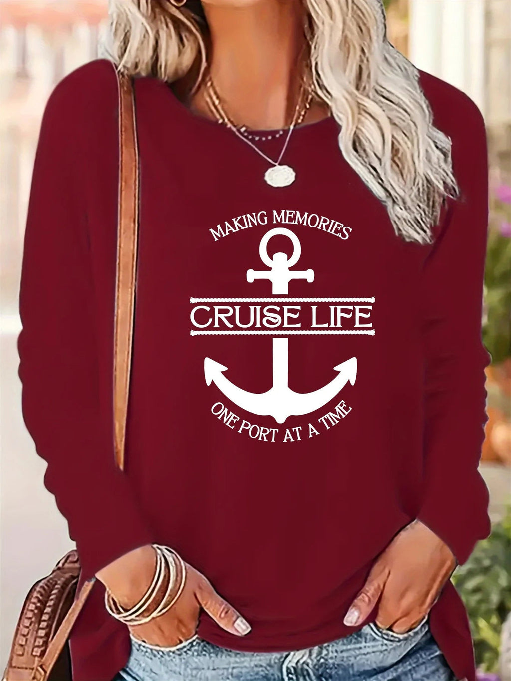 Women's Spring and Autumn 100% pure cotton fashionable casual loose cross letter pattern printed round neck long sleeved T-shirt - Kenner House Emporium