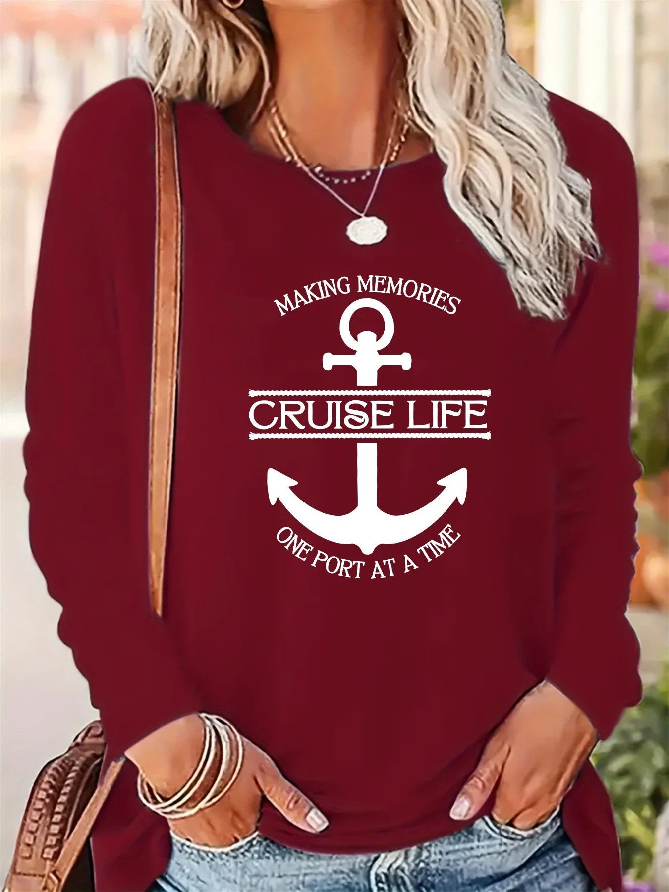 Women's Spring and Autumn 100% pure cotton fashionable casual loose cross letter pattern printed round neck long sleeved T-shirt - Kenner House Emporium
