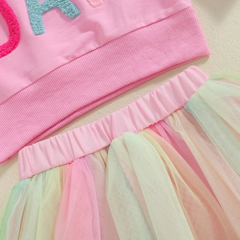 Kids Girls 2 - piece Spring Autumn Outfit Long Sleeve Embroidery Letters Sweatshirt with Tulle Skirt Birthday Clothes - Kenner House Emporium