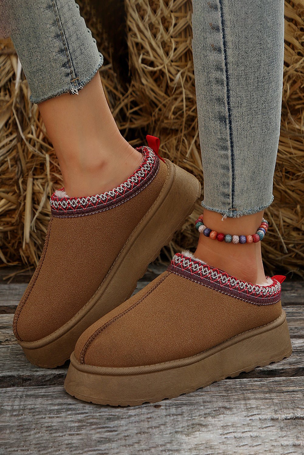 Chestnut Suede Contrast Print Round Toe Plush Lined Flats - Kenner House Emporium