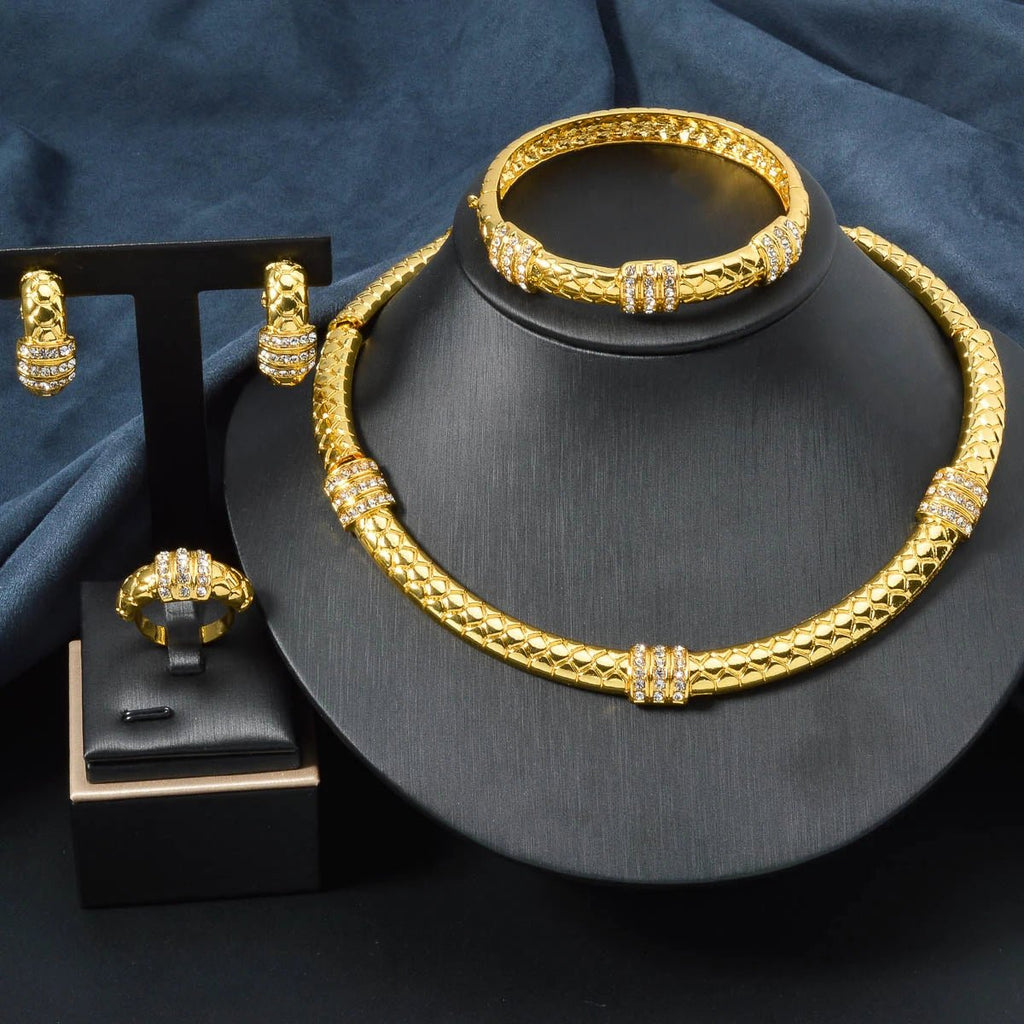 Luxury 18k Gold - Plated Women's Jewelry 4 - Piece Round Necklace Bracelet Earrings Ring Gold Classic Dubai Wedding Gift - Kenner House Emporium