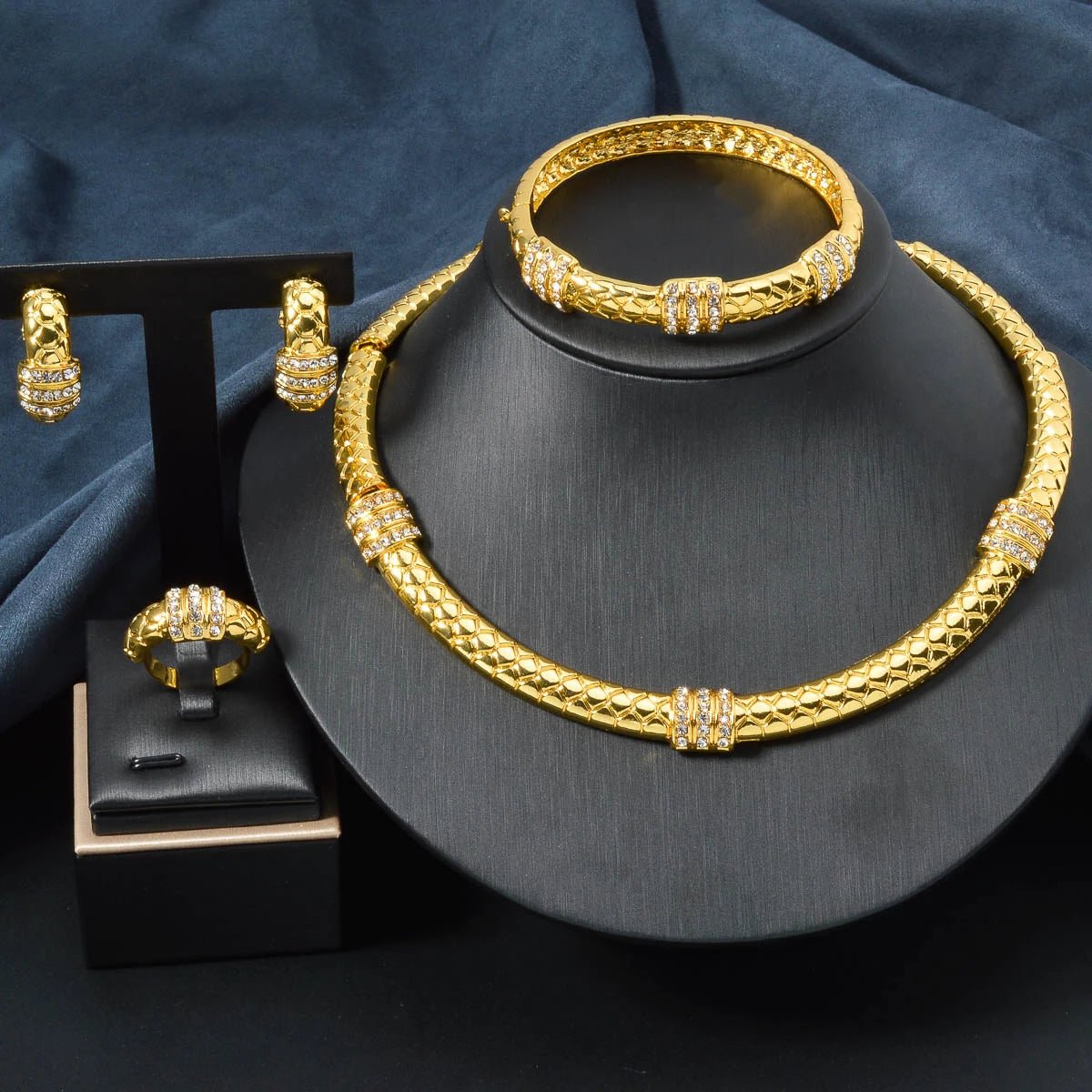 Luxury 18k Gold - Plated Women's Jewelry 4 - Piece Round Necklace Bracelet Earrings Ring Gold Classic Dubai Wedding Gift - Kenner House Emporium