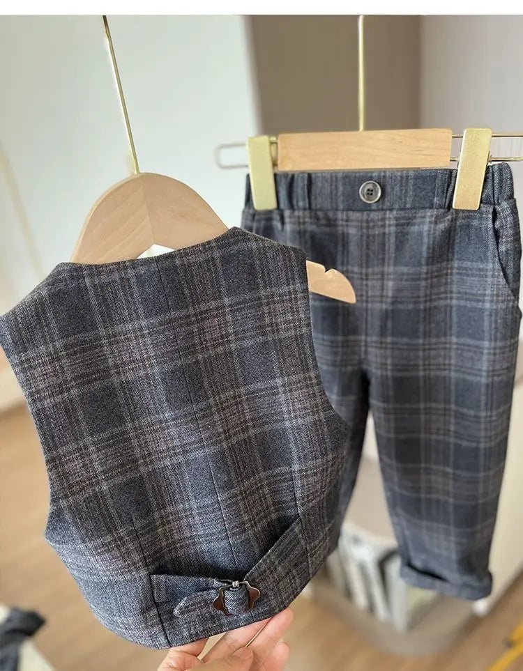 Child Spring Autumn Plaid Luxury Suit Set Boys Birthday Performance Photo Wedding Party Costume Kids Tuxedo Vest Pants Clothes - Kenner House Emporium