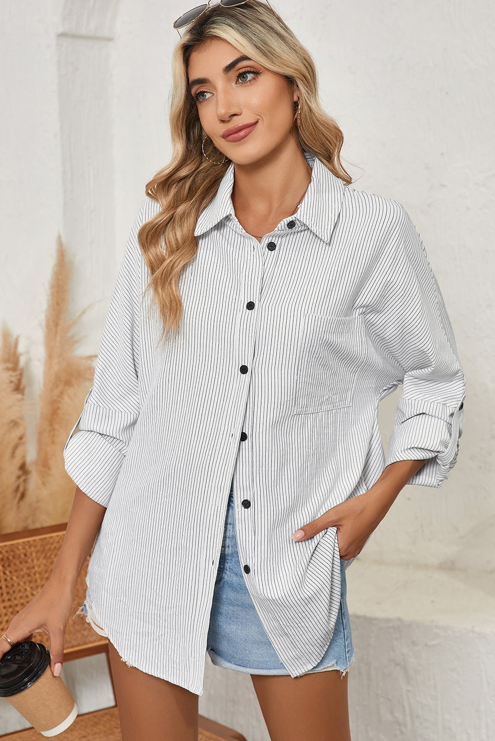 Black Stripe Roll - tab Sleeve Pocketed Tunic Shirt Shacket - Kenner House Emporium
