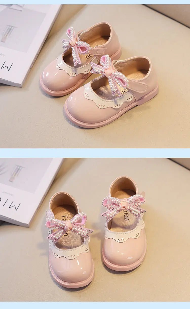 2024 Spring Summer Girl's Shoes Beading Bow - tie Baby Girl Shoes Crystal Princess Dress Shoes Bordered Children Footwear F02262 - Kenner House Emporium