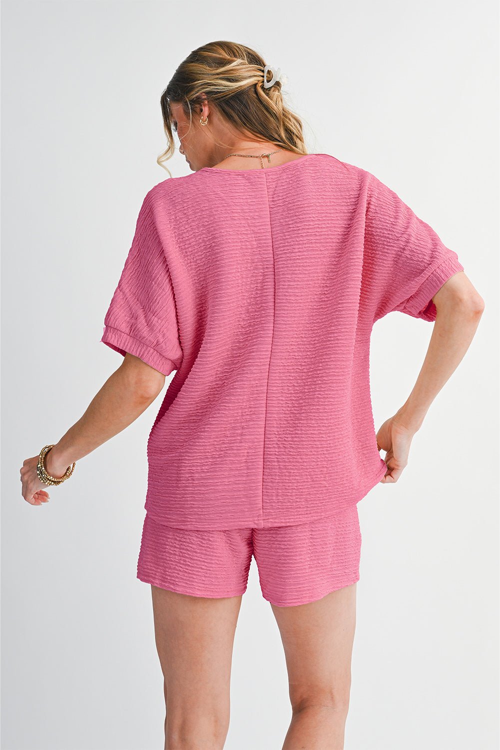 Pink Textured V Neck T Shirt and Shorts Set - Kenner House Emporium