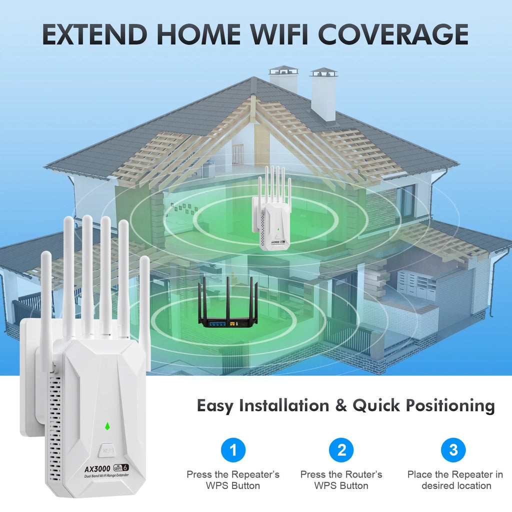 WiFi 6 3000Mbps Wireless Repeater Dual Band 2.4Ghz 5GHz WiFi Extender Wi - Fi 6 Amplifier Long Range Signal Expansion Booster - Kenner House Emporium