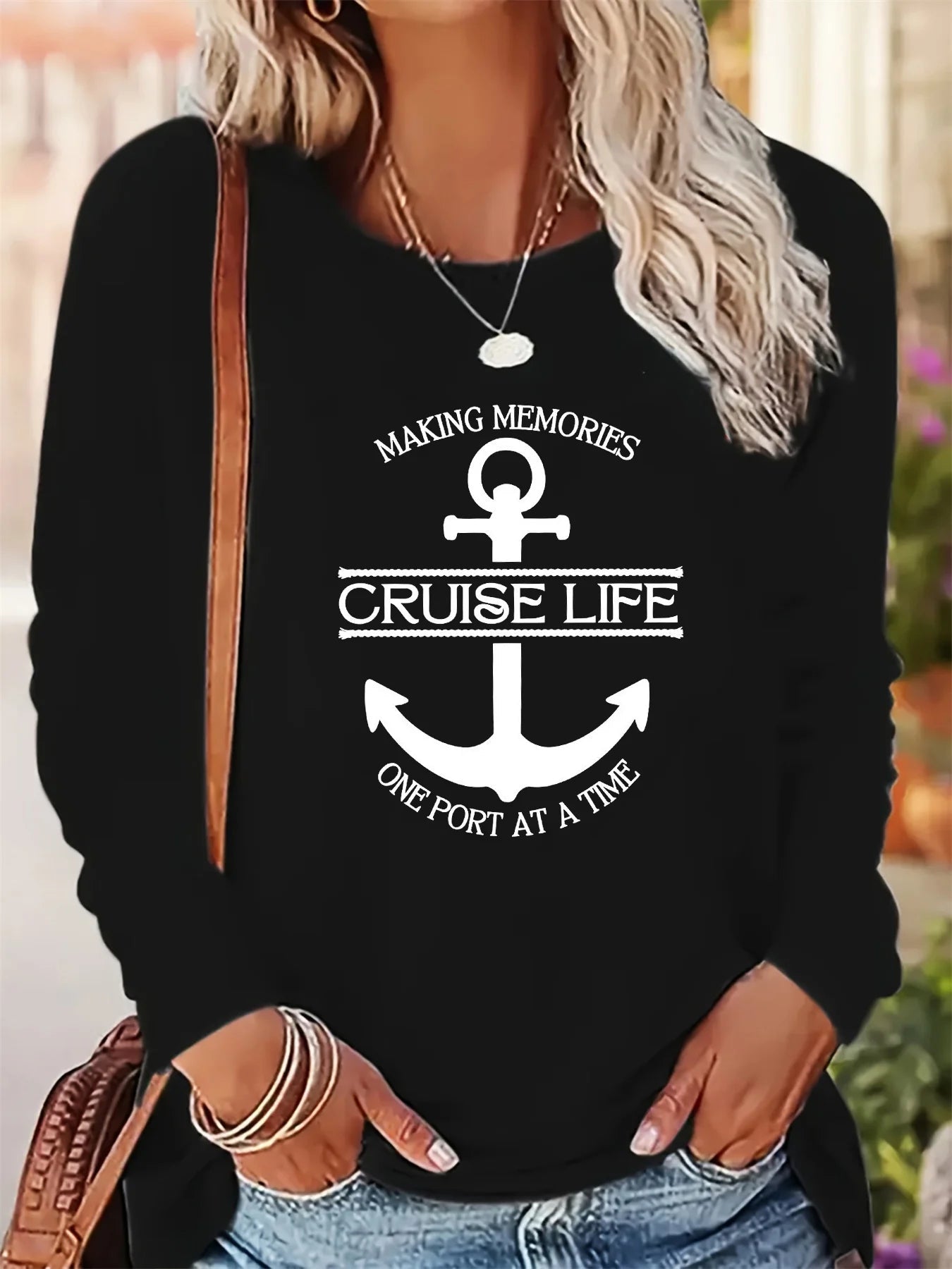 Women's Spring and Autumn 100% pure cotton fashionable casual loose cross letter pattern printed round neck long sleeved T-shirt - Kenner House Emporium