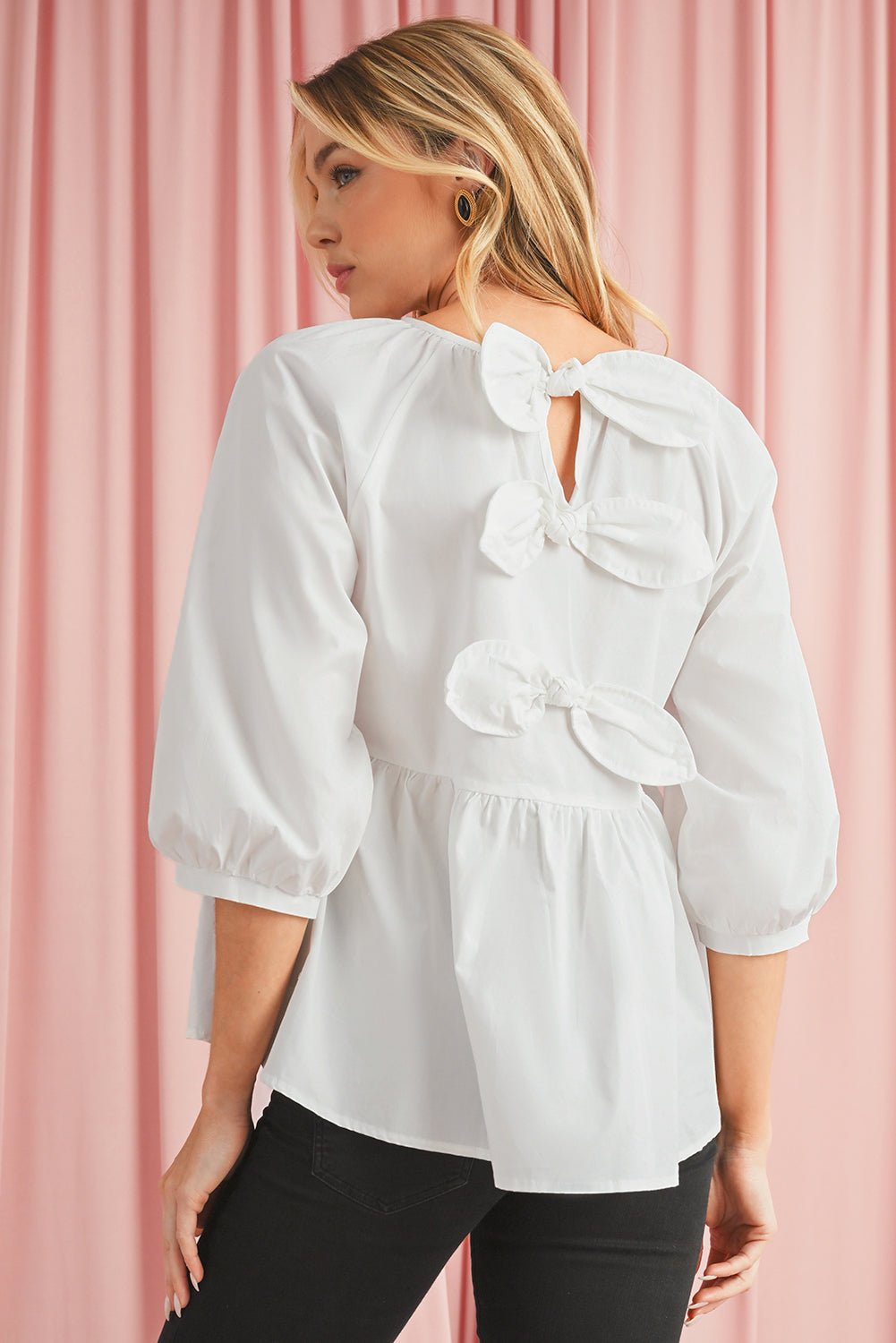White Bow Knot Cutout Back Loose Fit 3/4 Sleeve Blouse - Kenner House Emporium