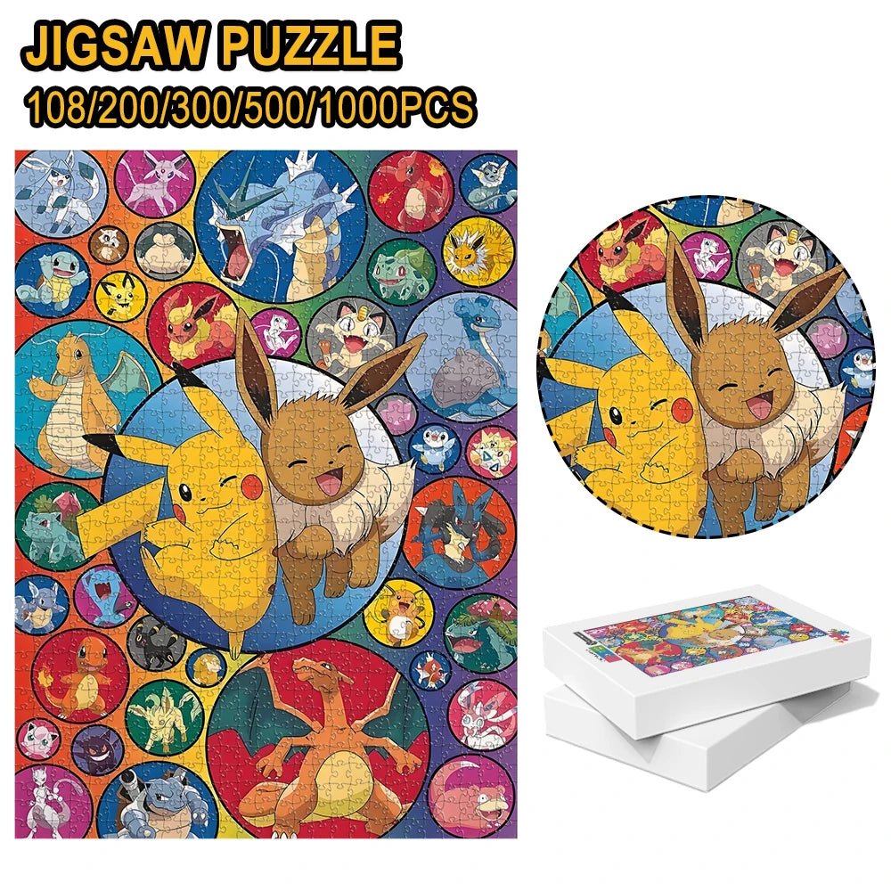 Pokemon family Theme Wooden Puzzle Game - Educational Toy in Various Piece Counts 108/200/300/500/1000 Piece Options Available - Kenner House Emporium