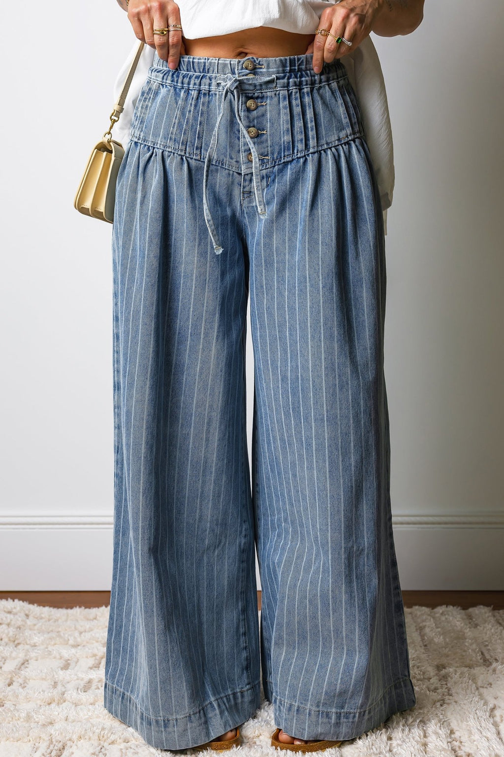 Sky Blue Stripe Button Pleated Drawstring Waist Casual Wide Leg Jeans - Kenner House Emporium