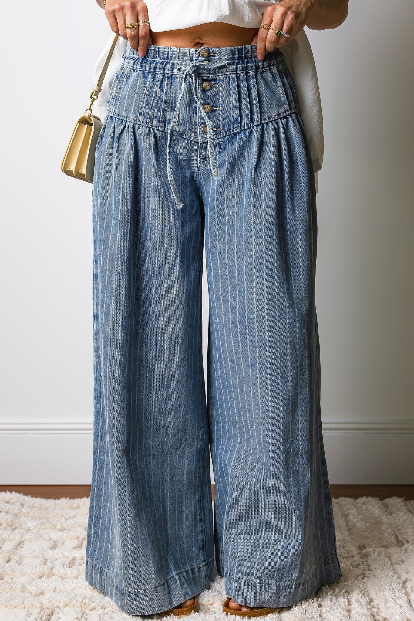 Sky Blue Stripe Button Pleated Drawstring Waist Casual Wide Leg Jeans - Kenner House Emporium