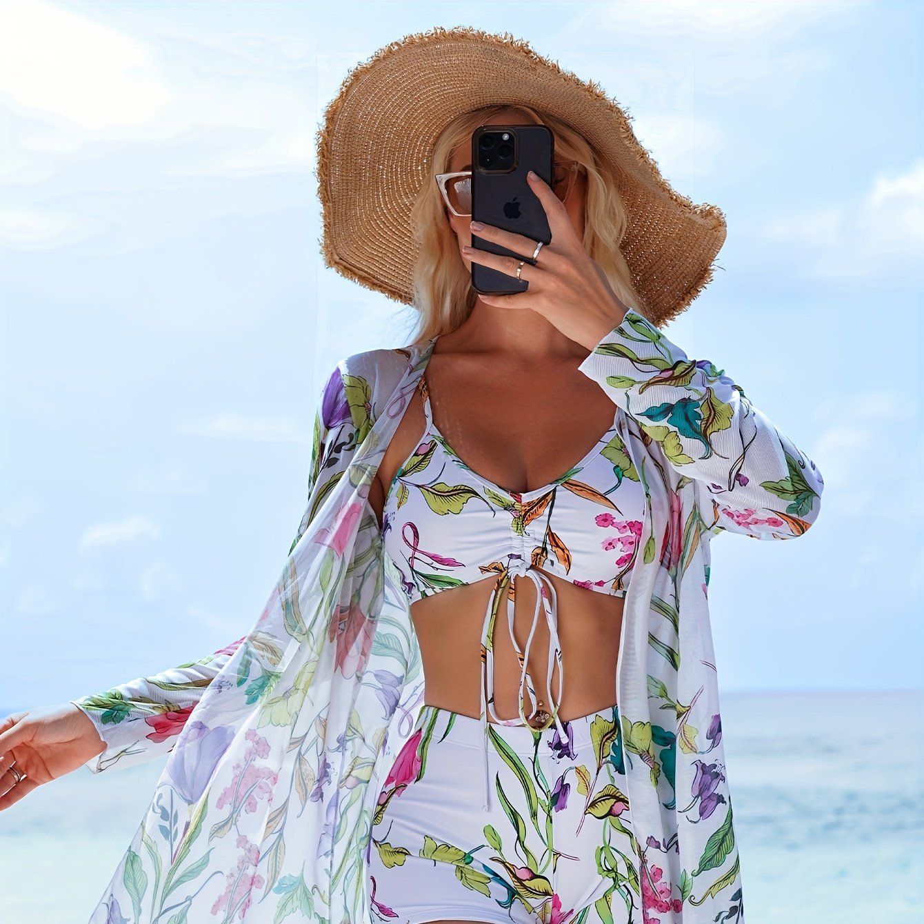 Women's Bikini Three - Piece Swimsuit with Boxer Shorts, New Split Cover - Up, Bowknot Fashion Beachwear - Kenner House Emporium