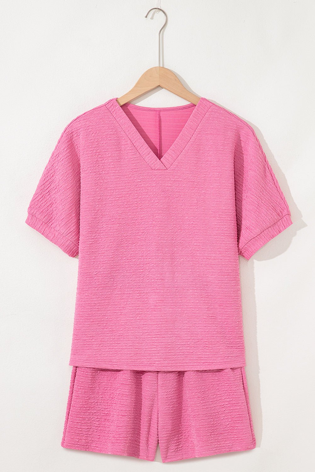 Pink Textured V Neck T Shirt and Shorts Set - Kenner House Emporium