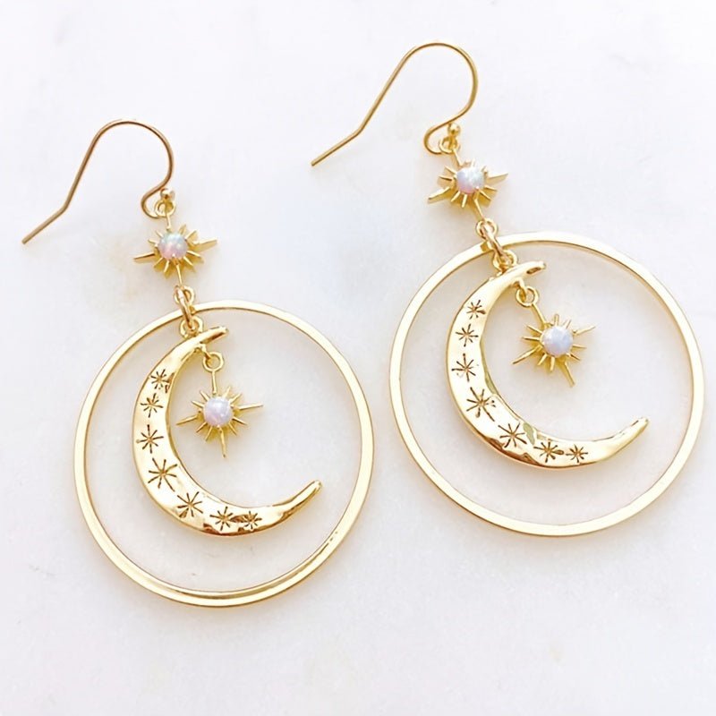 Elegant Boho - Chic Golden - Tone Moonstone Dangle Earrings for Women - Crescent Moon with Star Motifs, Zinc Alloy, Perfect for Daily Wear & Parties, Moon Earrings - Kenner House Emporium